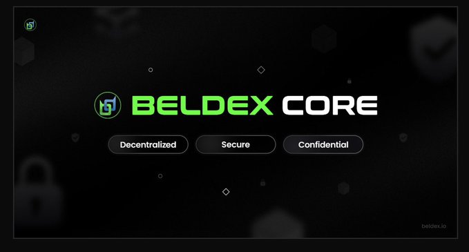 A promotional graphic for 'BELDEX CORE' features the text 'Decentralized', 'Secure', and 'Confidential' in buttons below the logo, with 'beldex.io' in the bottom corner.