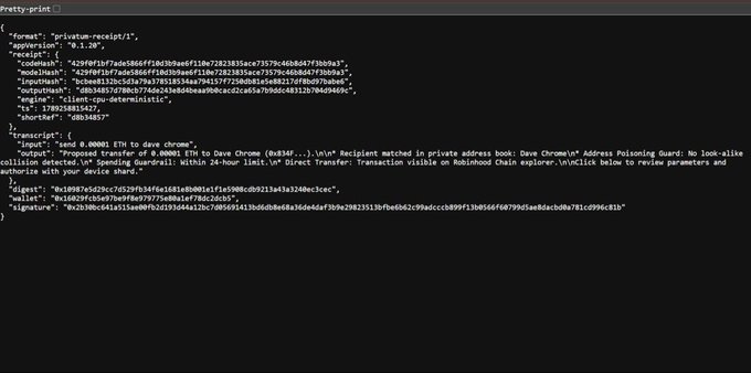 A terminal window displaying a JSON receipt of an Ethereum transaction with a value of 0 ETH sent to 'dave chrome', including warnings from RoboMint about unusual recipient addresses and proposed transfer limits.