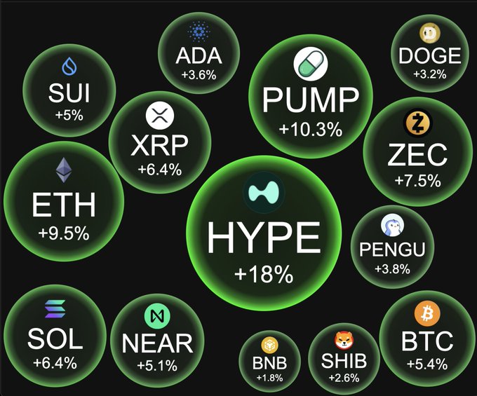A cluster of glowing green circular badges displays various cryptocurrency tickers and their positive percentage gains—including HYPE (+18%), PUMP (+10.3%), ETH (+9.5%), ZEC (+7.5%), XRP (+6.4%), SOL (+6.4%), SUI (+5%), BTC (+5.4%), NEAR (+5.1%), PENGU (+3.8%), ADA (+3.6%), DOGE (+3.2%), SHIB (+2.6%), and BNB (+1.8%)—visually reinforcing the post's message that crypto is making a strong comeback. The widespread green gains across major altcoins, memecoins, and Bitcoin signal a broad market rally, urging those who left crypto to return.