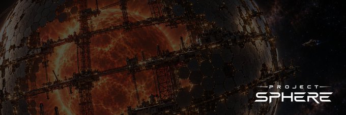 A massive spherical megastructure, known as a Dyson sphere, encircles a fiery red star, with intricate scaffolding and technological platforms sprawling across its surface. The text "PROJECT SPHERE" is displayed in the lower right corner, tying into the post's vision of humanity transcending planetary limits by harnessing the energy of an entire star rather than settling for incremental blockchain upgrades.