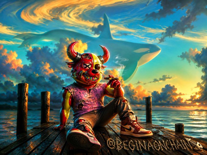 A digital artwork of a red horned demon-like character sitting on a wooden pier smoking a cigar, wearing a purple tank top and red sneakers, with an orca whale floating in the sunset sky and '@beginiaonchain' text at the bottom.