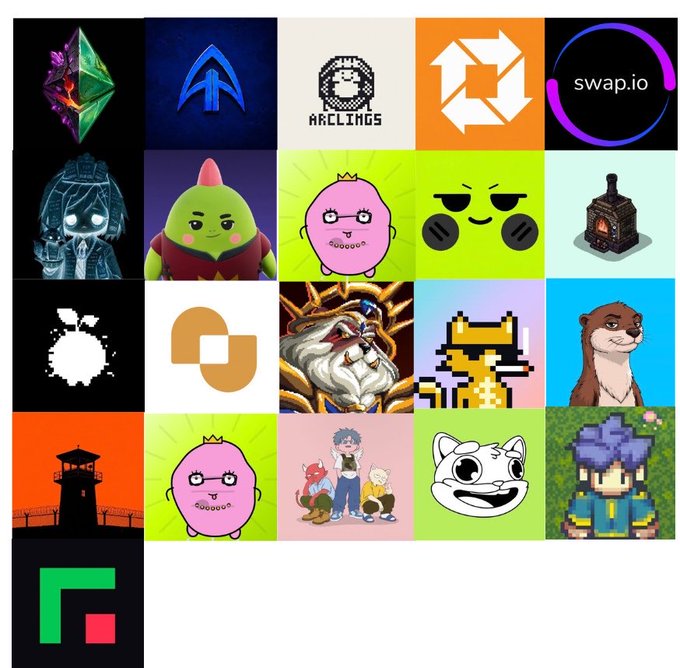 A grid collage of various NFT and digital art avatars and logos, including crypto-themed characters, pixel art, and cartoon figures.