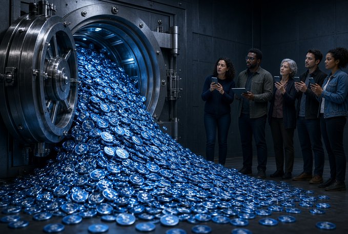 A group of five people observe a massive pile of blue cryptocurrency coins spilling out of an open high-security vault.