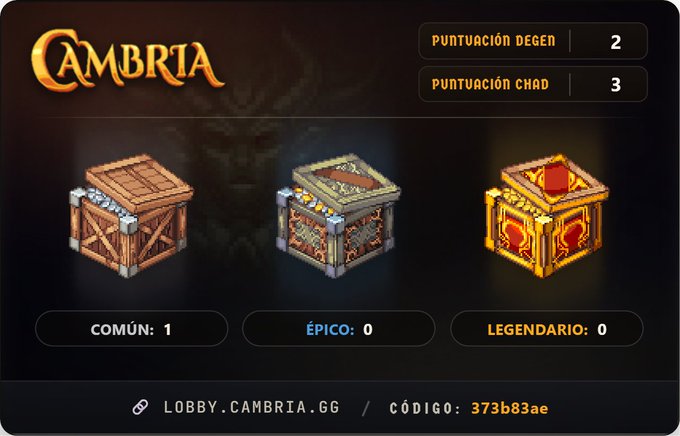 A Cambria game lobby screen shows loot chest tiers (common, epic, legendary) with a score of 2 for 'DEGEN' and 3 for 'CHAD', displaying the lobby link 'lobby.cambria.gg' and code '373b83ae'.