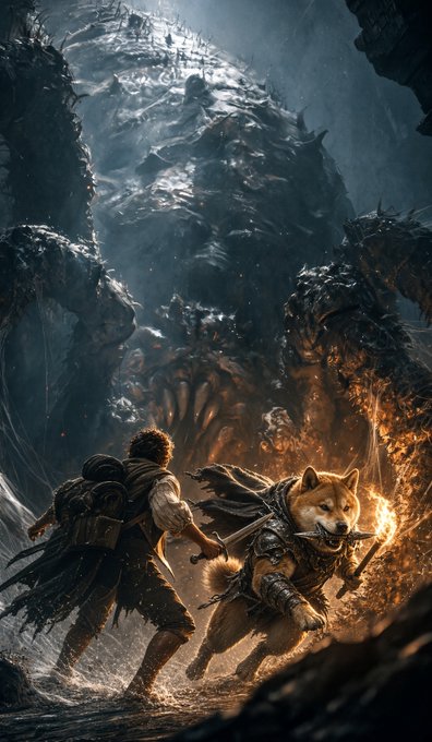 A fantasy digital artwork depicts an adventurer with curly hair wielding a flaming torch alongside an armored Shiba Inu companion, facing a massive, dark, spiky monster in a cavernous setting.