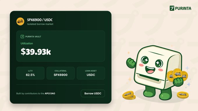The image shows a Purinta Vault dashboard for the SPX6900/USDC isolated borrow market, displaying a utilization of $39.93K, an LTV of 62.5%, with SPX6900 as collateral and USDC as the loan asset, alongside a cheerful mascot character holding SPX6900 coins. This visually reinforces the post's point that roughly 40% of USDC liquidity is actively borrowed against SPX6900 collateral, highlighting strong demand for the market.