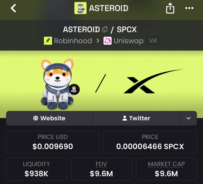 Cryptocurrency tracker screenshot for the 'ASTEROID / SPCX' token pair on Robinhood via Uniswap V4, showing a price of $0.009690, liquidity of $938K, FDV of $9.6M, and market cap of $9.6M.