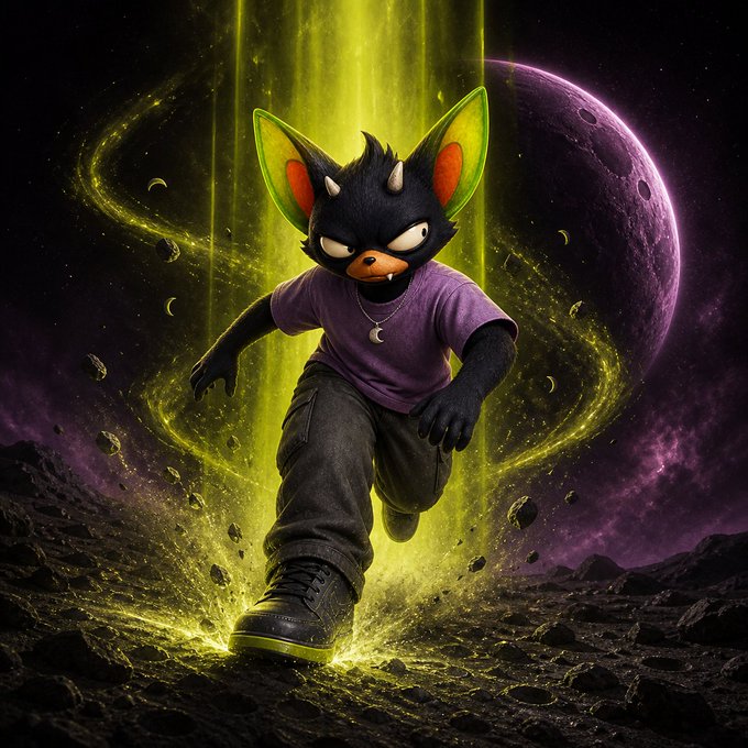 A digital illustration of an anthropomorphic black cat-like creature with green-tipped ears, wearing a purple shirt and dark cargo pants, running through a swirling yellow energy portal against a cosmic backdrop featuring a planet and moon.