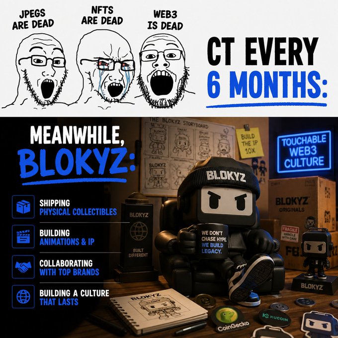 The image features a black background with white text. The title of the post reads "If you'r sleeping on physical Web3 collectibles, wake up fren @OriginalBlokyz Cooking premium art toys that actually slap, High-detail sculpts, metallic finishes, magnetic parts turning digital characters into real-life premium pieces." Below this title, there is a list of items related to the post. The first item on the list says "Shipping", followed by "Building physical Web3 collectibles" and then "We don't want you to miss out". The next item on the list is "Physical Web3 collectibles", which includes "Physical Web3 collectibles", "Physical Web3 collectibles that actually slap", and "Physical Web3 collectibles that are high-detail sculpts, metallic finishes, magnetic parts turning digital characters into real-life premium pieces."