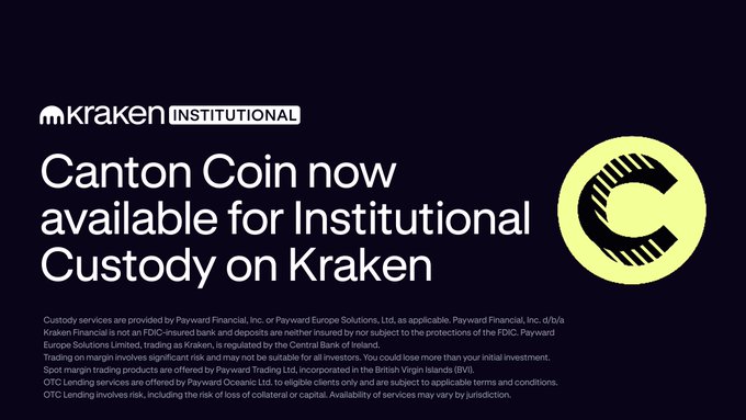 The image features a poster for a new service offered by institutions, specifically focusing on custodial services. The poster displays a logo with a yellow circle containing the letter "C" and the word "Kraken", indicating that this service is related to Kraken. The text in the image provides information about the service, stating that institutions can now hold $CC by @cantonnetwork in Kraken Qualified Custody without ever moving their assets. This means that institutions can use the service to securely store their funds and access them whenever needed, without having to physically move the money themselves.