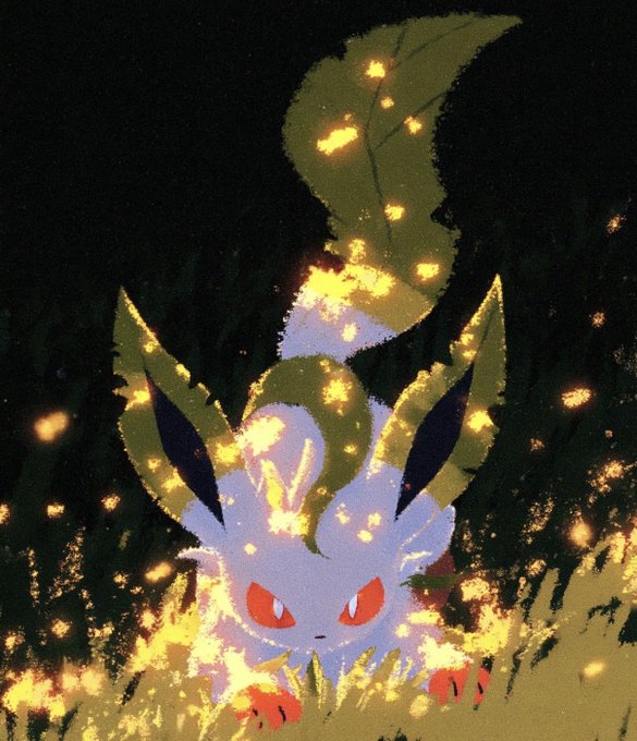 An artistic illustration of a Pokémon (Leafeon) surrounded by glowing yellow fireflies and orange embers against a dark background.