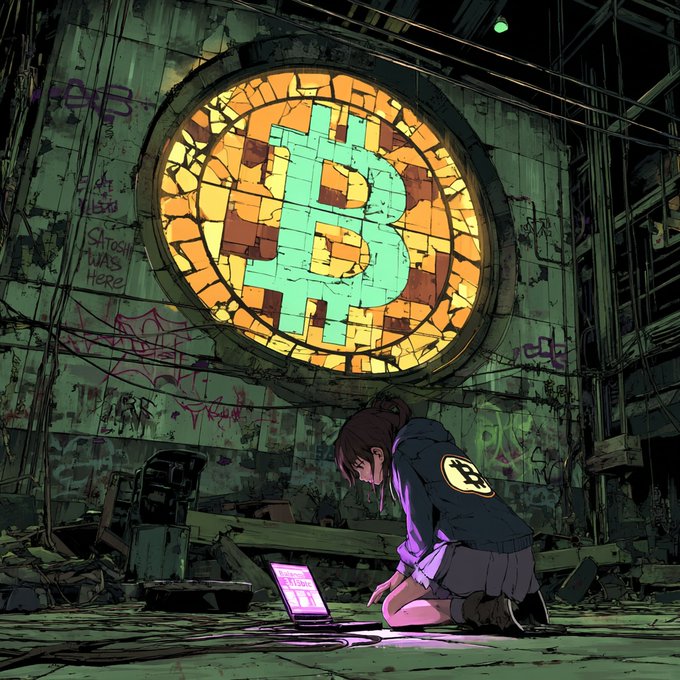 The image features a girl kneeling down next to an open laptop computer with her hands on her knees. She appears to be looking at something on the screen, possibly working or browsing the internet. The background of the image shows a room filled with graffiti, giving off a sense of urban decay and neglect. A large window is also present in the scene, which could potentially provide natural light for the space. The post about Bitcoin seems unrelated to this specific scene but might be related to the girl's interest or involvement with digital currency.