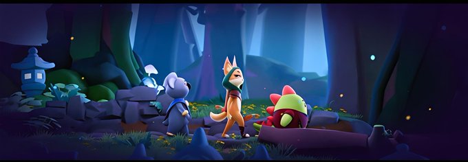 A scene from an animated video game shows a fox character and a raccoon character standing in a forest next to a green dinosaur-like creature, illuminated by fireflies.