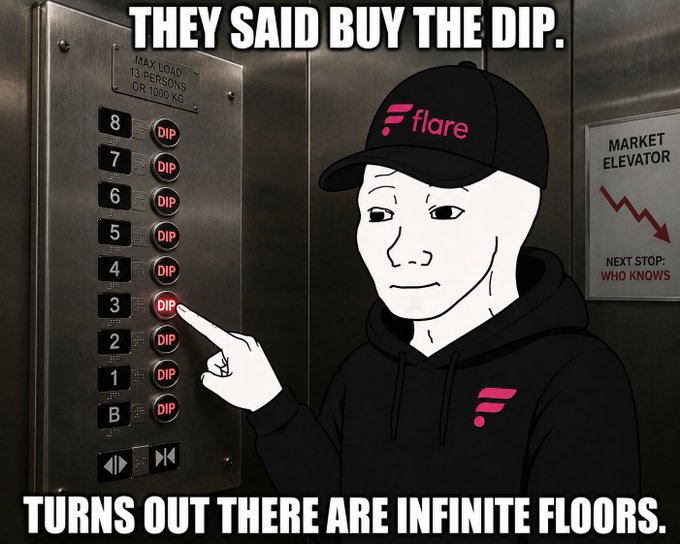 A Wojak meme featuring a figure wearing a 'Flare' cap pointing at an elevator button panel where every floor is labeled 'DIP', with the caption 'THEY SAID BUY THE DIP. TURNS OUT THERE ARE INFINITE FLOORS.'
