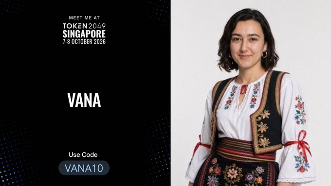 The image is a promotional graphic for Token2049 Singapore (7-8 October 2026), featuring a woman in traditional embroidered folk attire alongside the text "VANA" and a discount code "VANA10." The post celebrates the speaker purchasing their first Singapore Token2049 ticket after attending three previous events, with the promo code likely offered to followers as a perk.