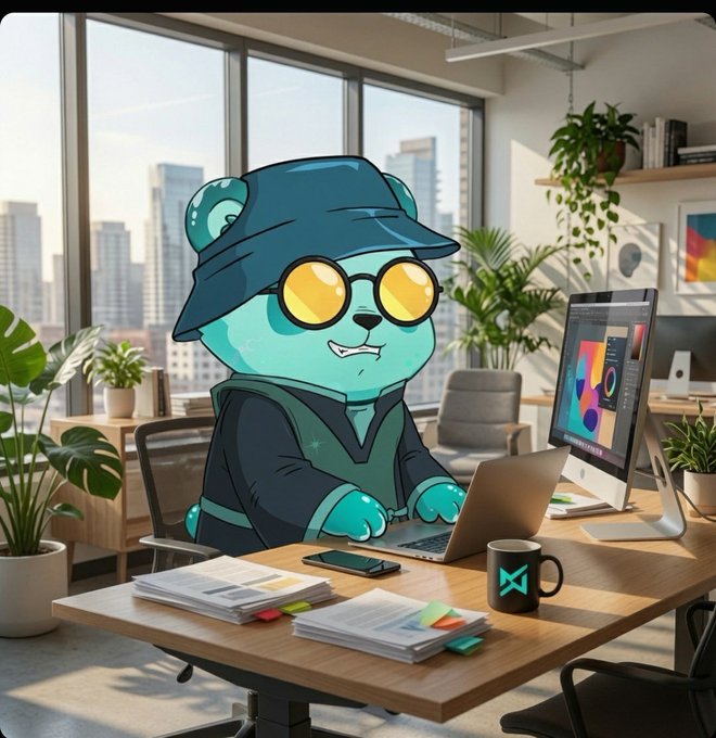 A cartoon-style image of a turquoise bear character wearing a bucket hat and yellow-tinted sunglasses, working on a laptop at a desk in a modern office with plants and a city view.