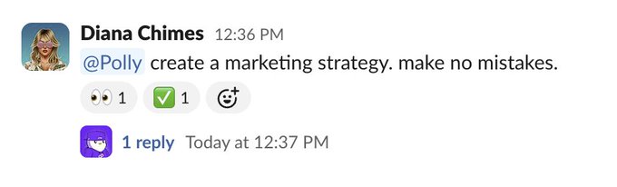 A Slack message from Diana Chimes at 12:36 PM commands "@Polly create a marketing strategy. make no mistakes," with a reply from the Polly agent at 12:37 PM. The image illustrates the post's point about using a shared AI agent named Polly in team Slack channels for marketing tasks at Polygon.