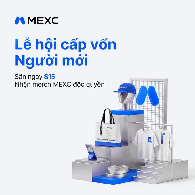 The image features a promotional video for MEXC, the Mexican exchange company. The video showcases various items, including t-shirts, hats, handbags, and a cell phone case, which are displayed against a white background with blue accents. There is also some text in different languages, suggesting that the video may be accessible to an international audience. The focus of the video appears to be on these products being part of an MEXC exchange giveaway for new users only.