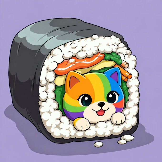 A cartoon illustration of a rainbow-colored cat nestled inside a sushi roll filled with rice, carrots, and asparagus.