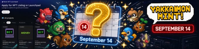 A promotional graphic announcing 'YAKKAMON MINT! SEPTEMBER 14' with a large glowing question mark on a calendar, surrounded by various colorful cartoon bird and animal characters.