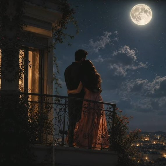 A romantic scene of a couple embracing on an ornate balcony at night, silhouetted against a large full moon and city lights below.