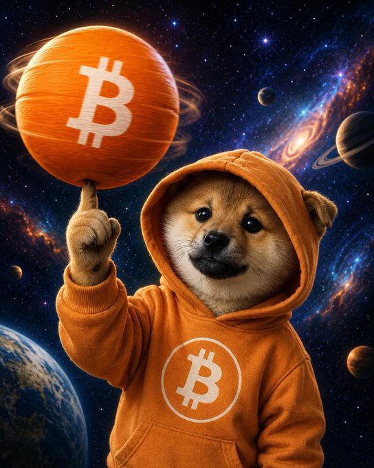 A Shiba Inu dog in an orange hoodie with a Bitcoin "₿" logo balances a spinning Bitcoin globe on its finger against a cosmic galaxy backdrop, visually promoting the $DOG meme culture and its fusion with cryptocurrency themes.