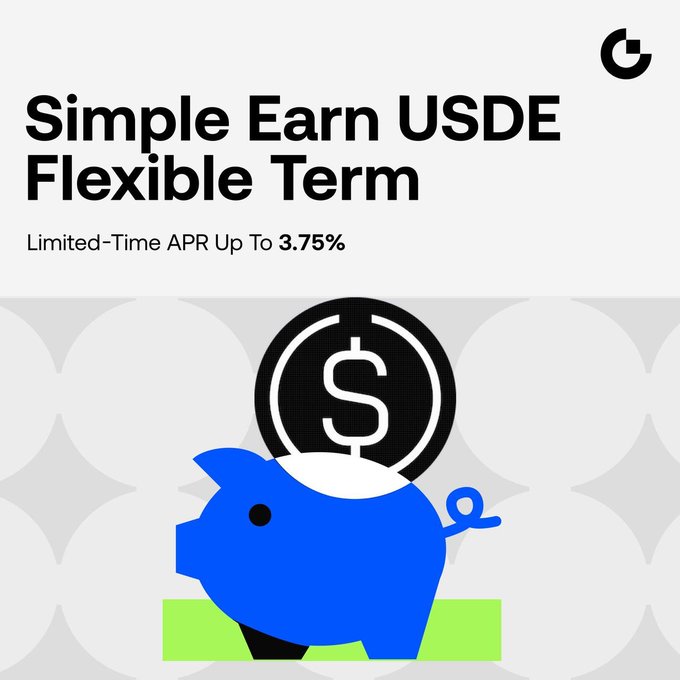 A promotional graphic for Gate.io's "Simple Earn USDE Flexible Term" featuring a limited-time APR of up to 3.75%, illustrated with a blue piggy bank and a dollar coin. The image relates to the announcement of Gate.io launching their first USDe earn product.
