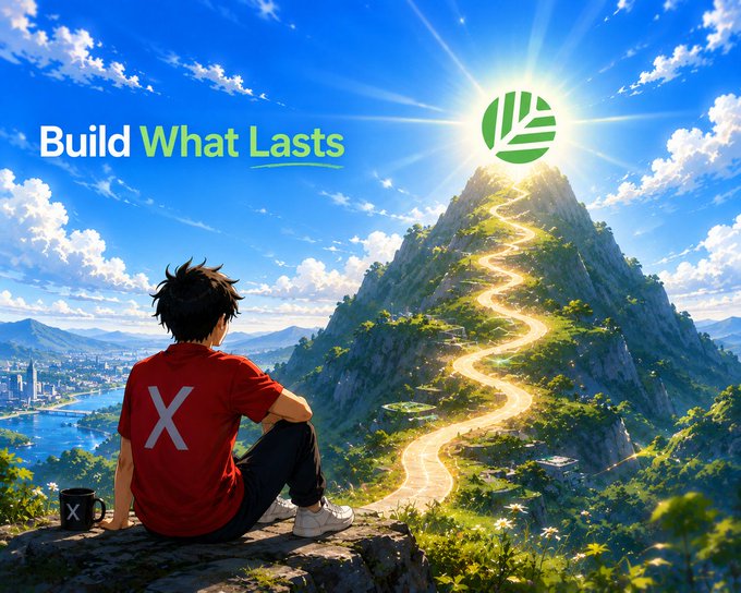 An anime-style illustration shows a boy in a red shirt sitting on a cliff overlooking a glowing path winding up a mountain, with the text "Build What Lasts" displayed on the left.