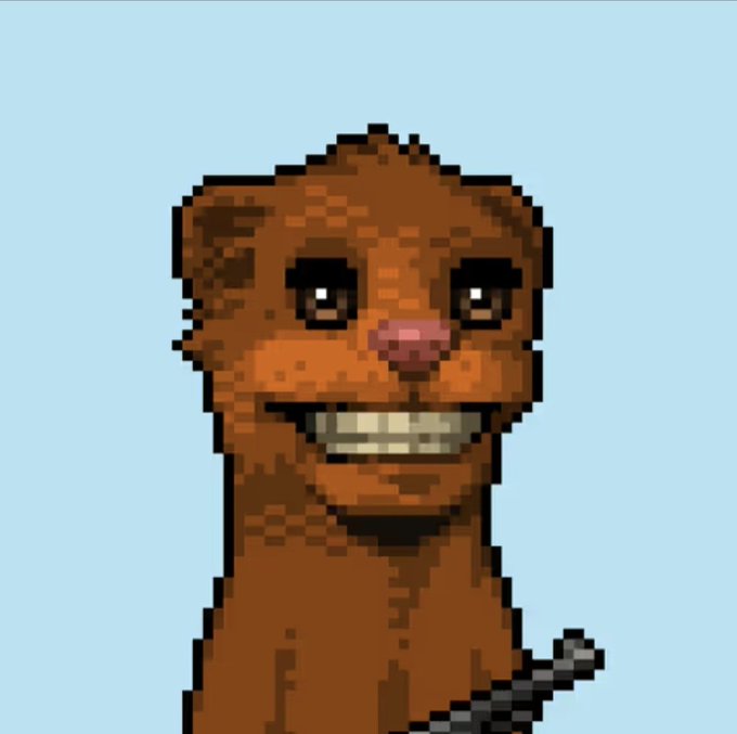 Pixel art portrait of a smiling brown furry creature with visible teeth against a light blue background.