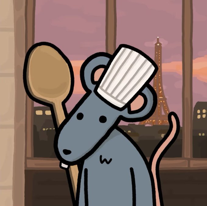 In this image, there's a cartoon rat standing next to a window with its head held high. The rat is wearing a chef's hat, which gives it an unusual appearance. It's holding a large spoon that appears to be quite big compared to the size of the rat. The photo caption reads "0.1 eth - Chef Penimal Floor price still below 0.003 eth". This suggests that the rat might have found a small treasure in the form of some coins or money, which it has decided to use as a chef's hat for a fun and quirky cooking adventure.