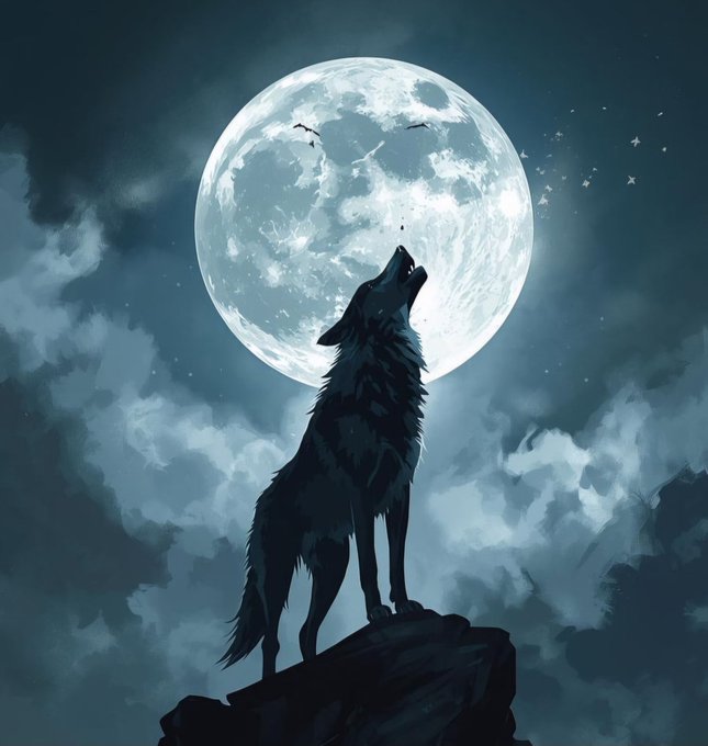 A digital painting of a black wolf howling at a large, detailed full moon, silhouetted against a dark, cloudy night sky scattered with small birds.