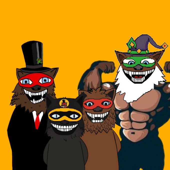A digital illustration of four anthropomorphic animals wearing colorful masks, including a wolf in a top hat, a small cat, and a muscular figure with a wizard hat, set against a bright orange background.