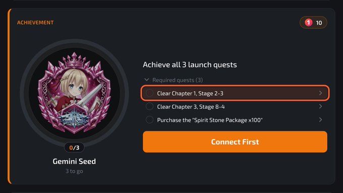 A "Gemini Seed" achievement screen highlights "Clear Chapter 1, Stage 2-3" as the first of three required launch quests, with a progress counter showing 0/3 and a reward of 10 (ONE). The image visually confirms the post's point that earning this achievement requires completing all three launch quests, beginning with Chapter 1, Stage 2-3.