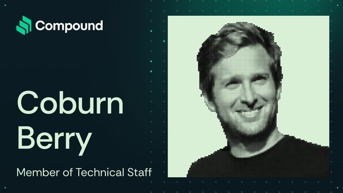 A profile card for Coburn Berry, Member of Technical Staff at Compound, featuring a halftone portrait image.