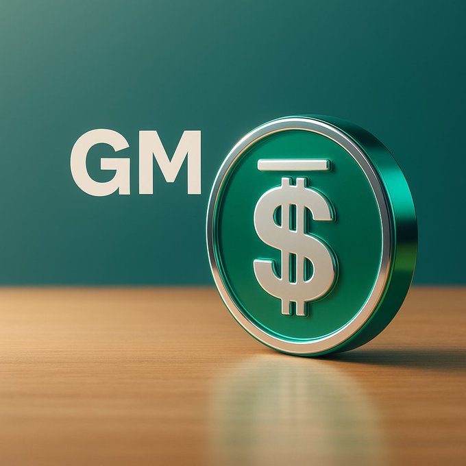 A 3D-rendered green coin with a dollar sign symbol standing upright on a wooden surface, with the text 'GM' (good morning) displayed on a dark green background.