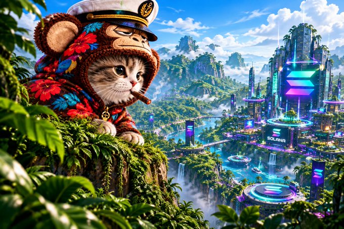 A digital artwork featuring a cat wearing a sailor hat and a colorful floral hoodie, overlooking a futuristic, neon-lit city built into lush green mountains with 'SOLANA' branding visible on a circular structure.