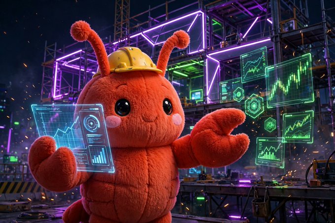 A cute red plush bug mascot wearing a construction hard hat works on assembling a neon-lit futuristic dashboard, surrounded by holographic charts and trading data screens. The image playfully visualizes the post's announcement of building the JEV trading page on musebook.trade, with the bug "hard at work" bringing the live JEV dashboard to life for Clawd token holders.