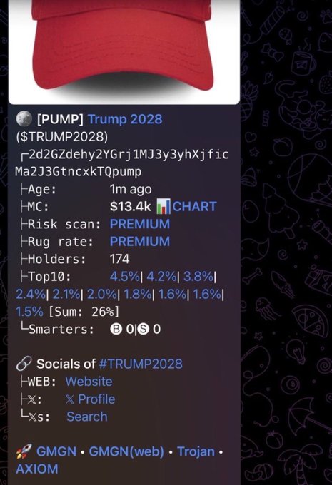 A screenshot of a crypto tracking interface displaying the token "$TRUMP2028" with a $13.4k market cap and Premium risk scan rating, which appears to be from a post boasting about turning $1,500 into $85,000 as the token's market cap grew.