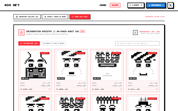 The image displays the "404 NFT" project's incineration registry on-chain audit log, showing 105 of 484 tokens incinerated (26.45% supply), featuring a row of pixelated black and white NFT character portraits marked with "INCINERATED" tags. This burn log visually represents the community's recent gesture of support, with 105 NFTs burned in 48 hours to back the small builder behind the project.
