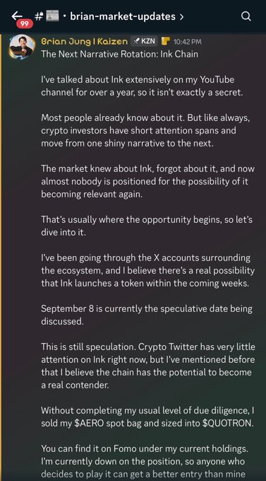 Brian Jung discusses Ink (a Kraken Layer 2 chain) on Slack, noting a speculative token launch date of September 8th and revealing he sold $AERO spot to buy $QUOTRON.