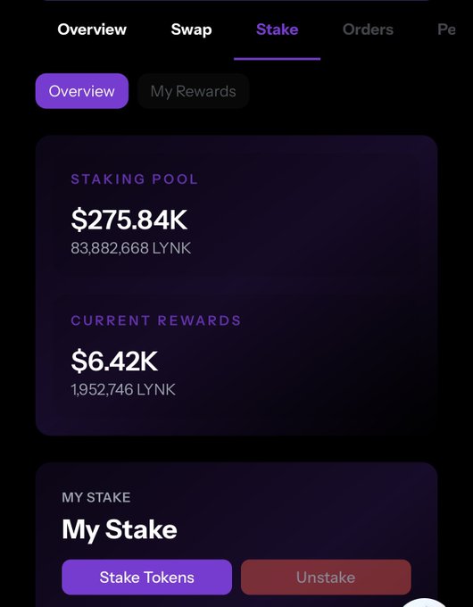 A cryptocurrency staking interface showing a staking pool of $275.84K (83,882,668 LYNK), current rewards of $6.42K (1,952,746 LYNK), with Stake Tokens and Unstake buttons.