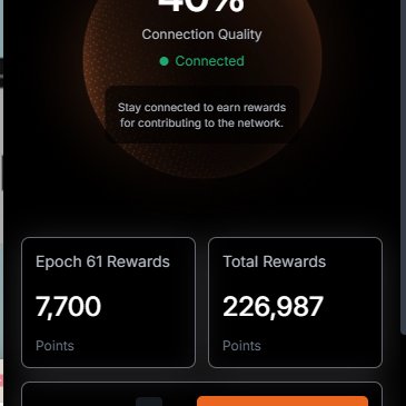 Mobile app dashboard showing 'Connection Quality: Connected', 'Epoch 61 Rewards: 7,700 Points' and 'Total Rewards: 226,987 Points' in a dark theme interface.