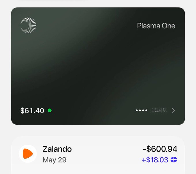In the image, a screenshot of an account from the payment service called "Zalando" is displayed. The account has reached $765.6K with growth of over 300% in just one month. The card belongs to someone named "Plasma One". The image appears to be an update or review on this account, showing that it's only a couple months old and still closed beta, which implies that users are not yet able to access the full features of the service.