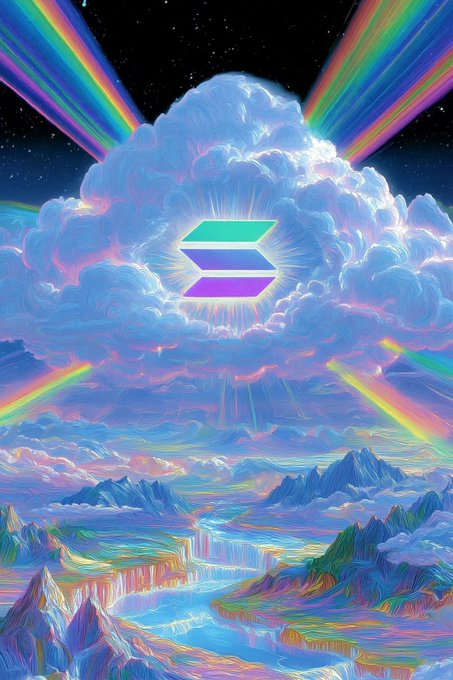 The image features a colorful painting of a mountain landscape with a rainbow-colored sky above it. In the center of the painting, there's a large cloud that has a purple and green square at its core, which appears to be a symbol or logo related to Solana cryptocurrency. The background is filled with mountains and waterfalls, creating a sense of depth and grandeur in the scene.