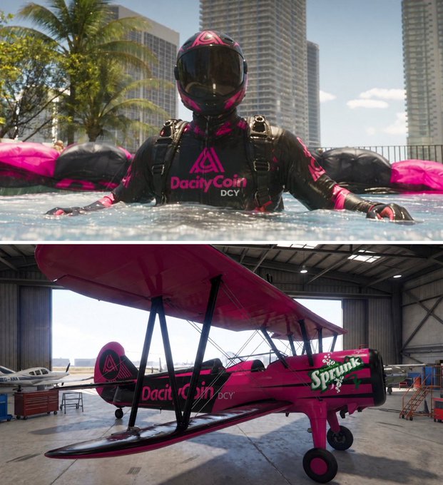 A promotional image showcases "DacityCoin DCY" branding in vibrant pink and black, featuring a figure in matching gear in a pool with arms outstretched, alongside a pink biplane labeled "Sprunk" — likely referencing leaked GTA VI assets tied to the speculative memecoin $DACITY.