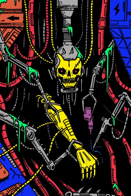 A vibrant, neon-colored illustration of a yellow robotic skeleton arm reaching through a chaotic tangle of red wires and cables, with green slime dripping and warning symbols in the background.