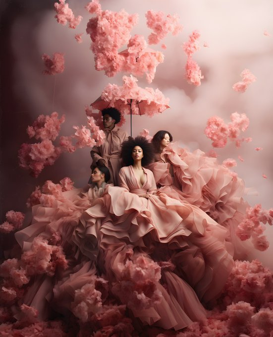 An artistic editorial photo featuring several women in voluminous pink ruffled gowns surrounded by cloud-like pink floral arrangements, with one holding a pink parasol.