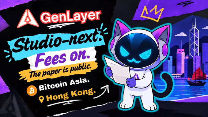 Promotional graphic for GenLayer announcing 'Studionext Fees on' at Bitcoin Asia in Hong Kong, featuring a cartoon cat mascot reading a paper against a city skyline backdrop.