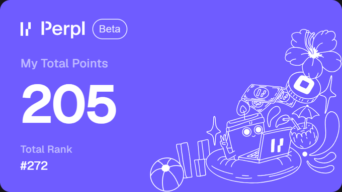 A purple digital dashboard for 'Perpl (Beta)' showing a user 'My Total Points' of 205 and a 'Total Rank' of #272.
