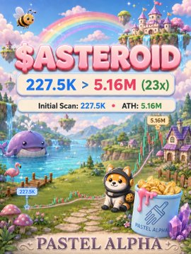 A vibrant game-themed graphic for '$ASTERROID' by Pastel Alpha, displaying performance metrics showing growth from 227.5K to 5.16M (23x).